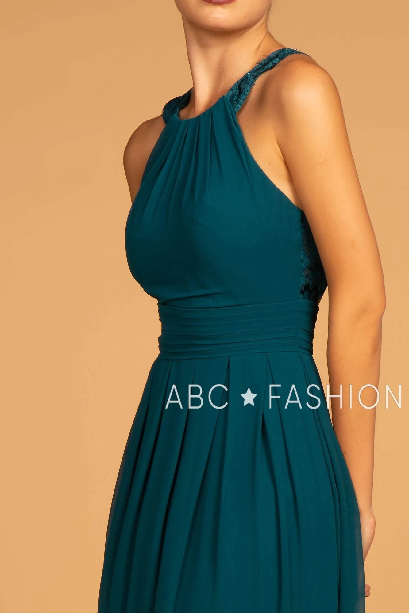 Long High-Neck Halter Dress with Lace Details by Elizabeth K GL2605
