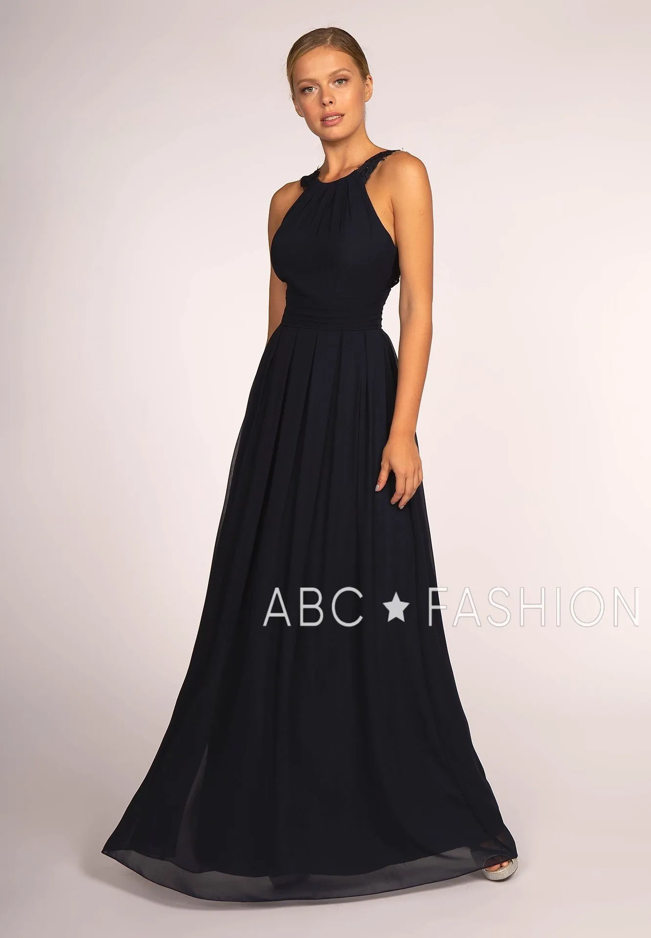 Long High-Neck Halter Dress with Lace Details by Elizabeth K GL2605
