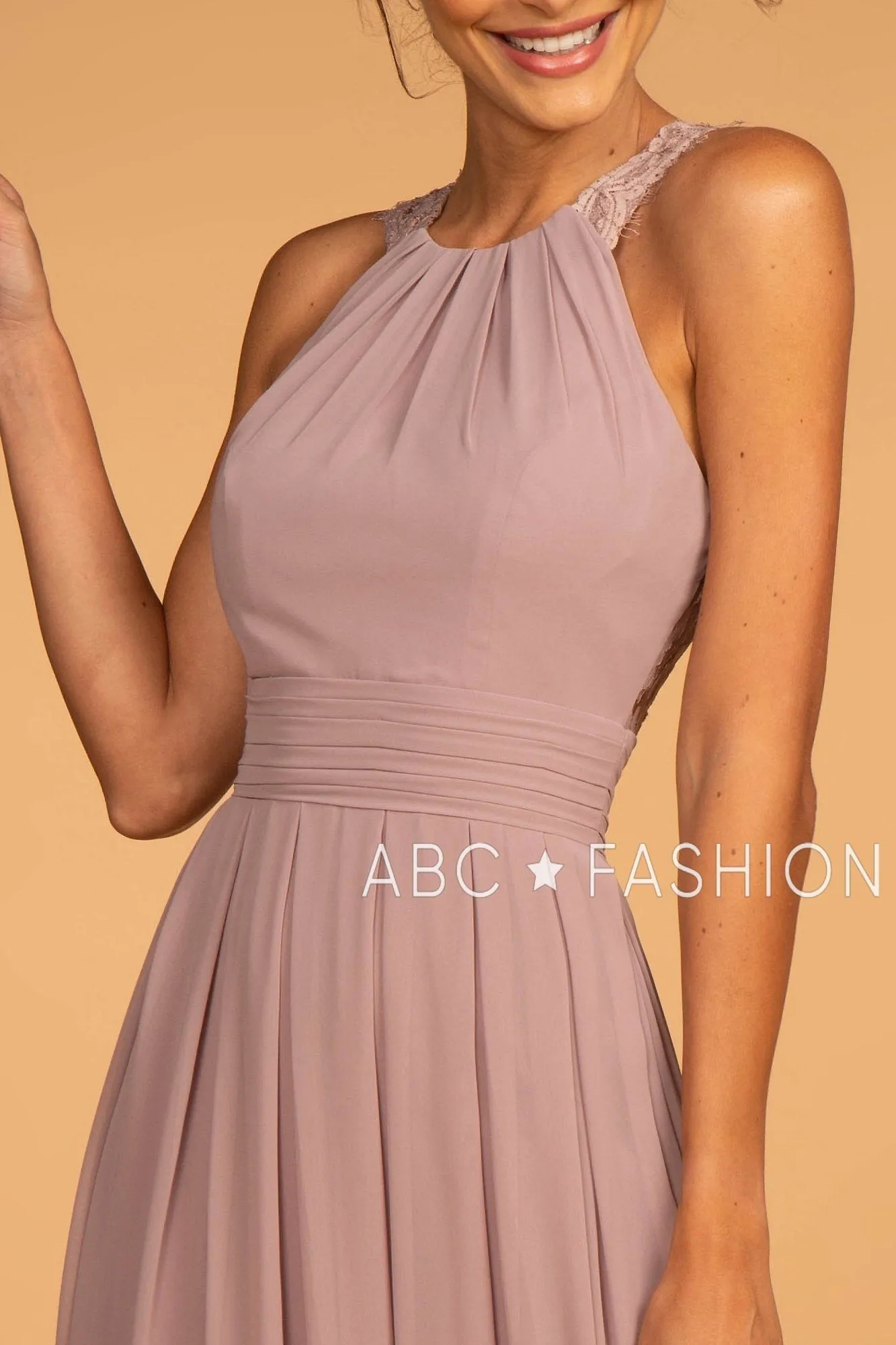 Long High-Neck Halter Dress with Lace Details by Elizabeth K GL2605