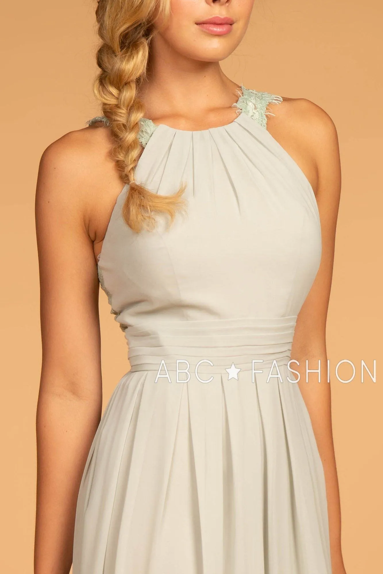 Long High-Neck Halter Dress with Lace Details by Elizabeth K GL2605