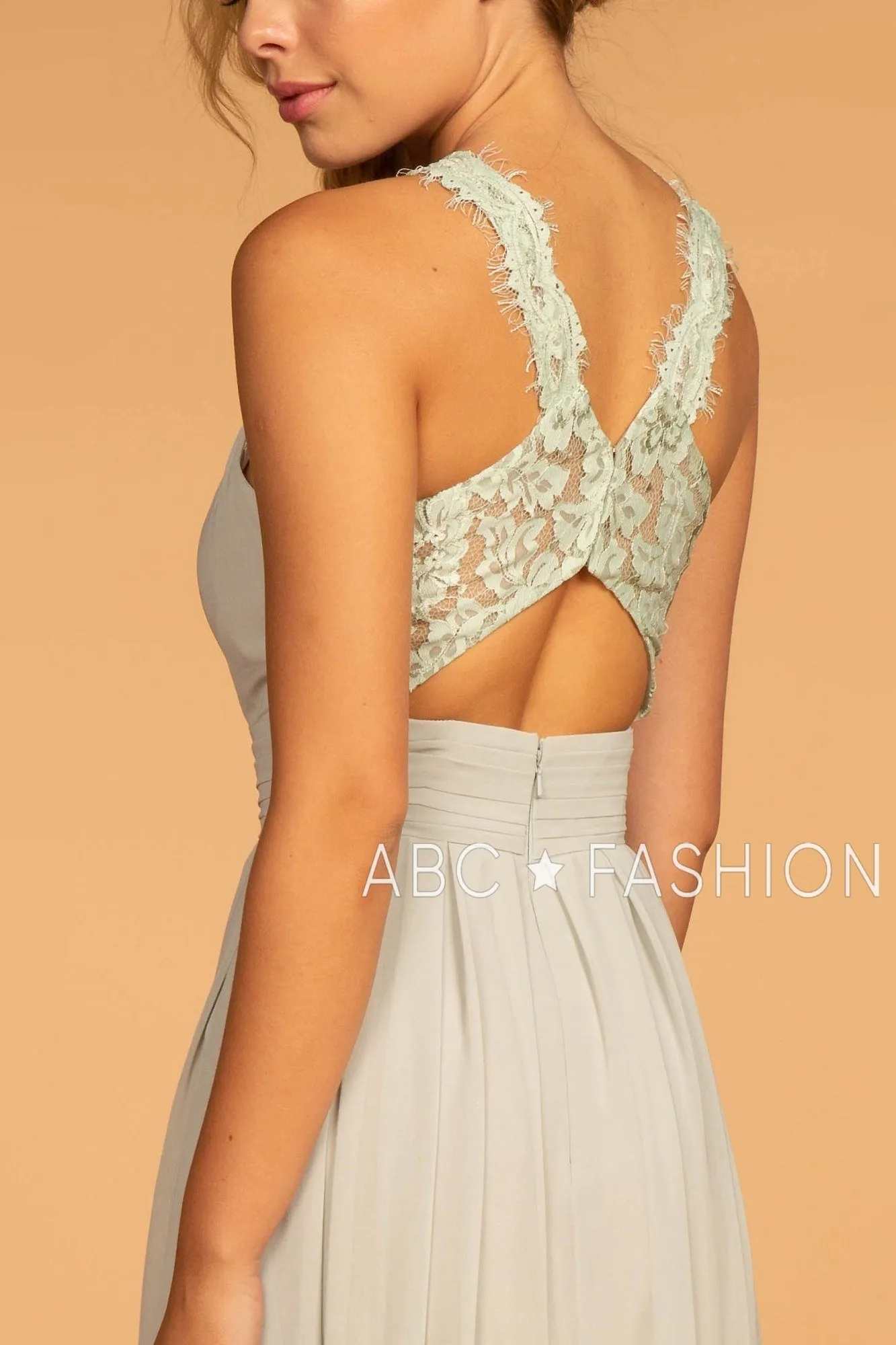 Long High-Neck Halter Dress with Lace Details by Elizabeth K GL2605