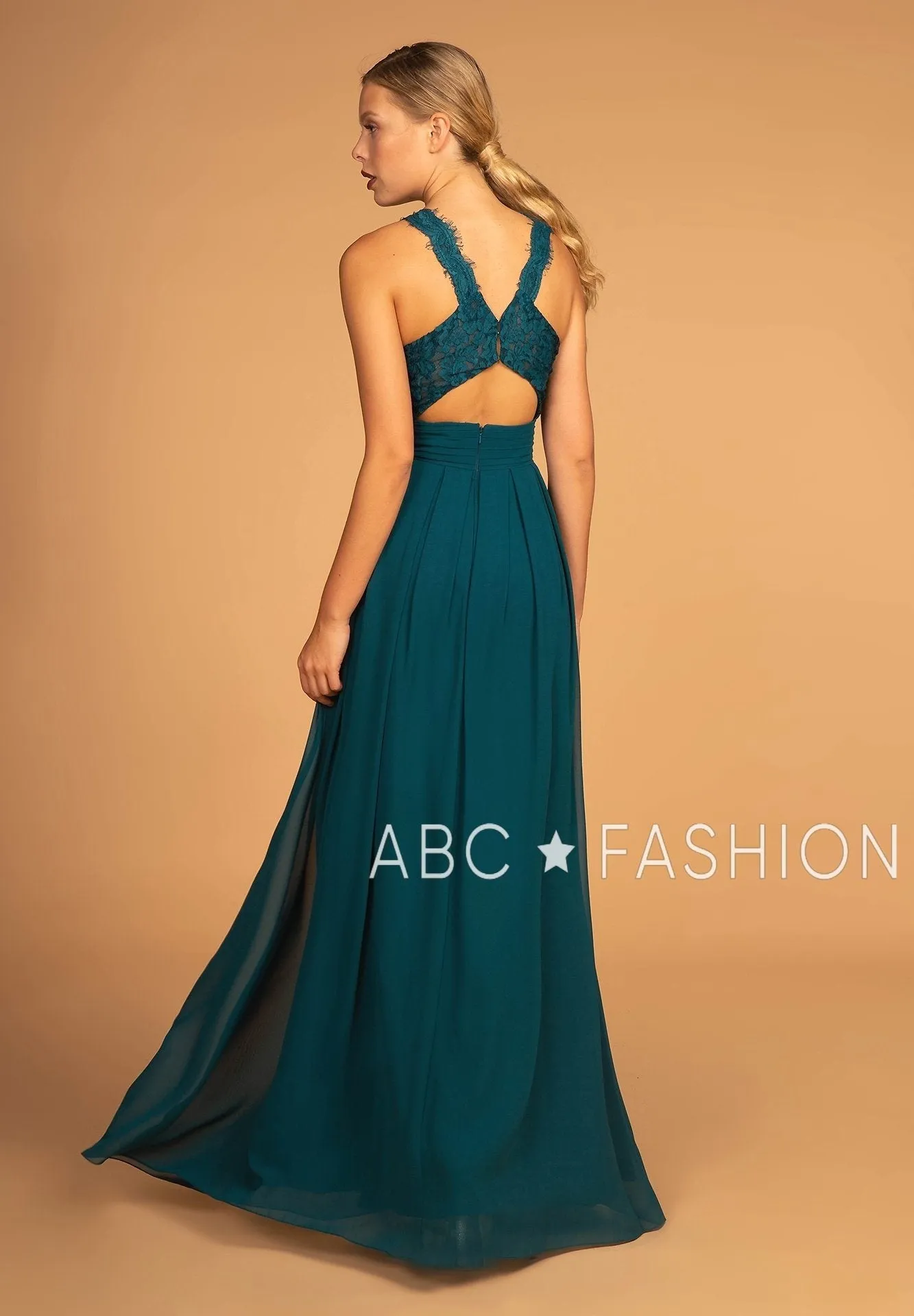 Long High-Neck Halter Dress with Lace Details by Elizabeth K GL2605