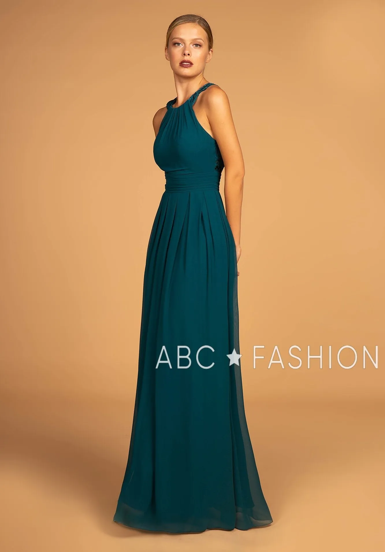Long High-Neck Halter Dress with Lace Details by Elizabeth K GL2605
