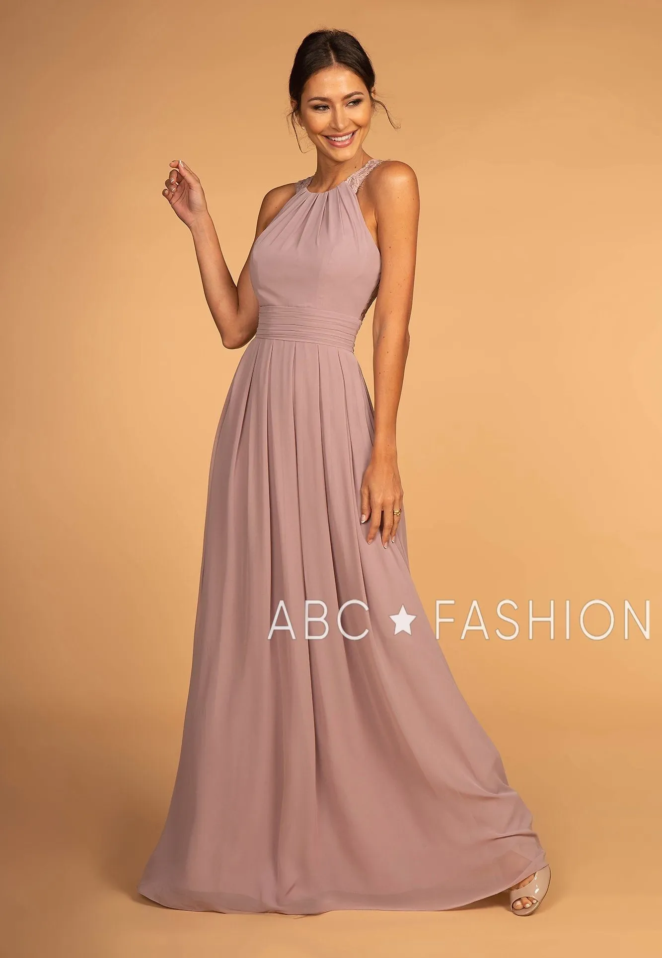 Long High-Neck Halter Dress with Lace Details by Elizabeth K GL2605