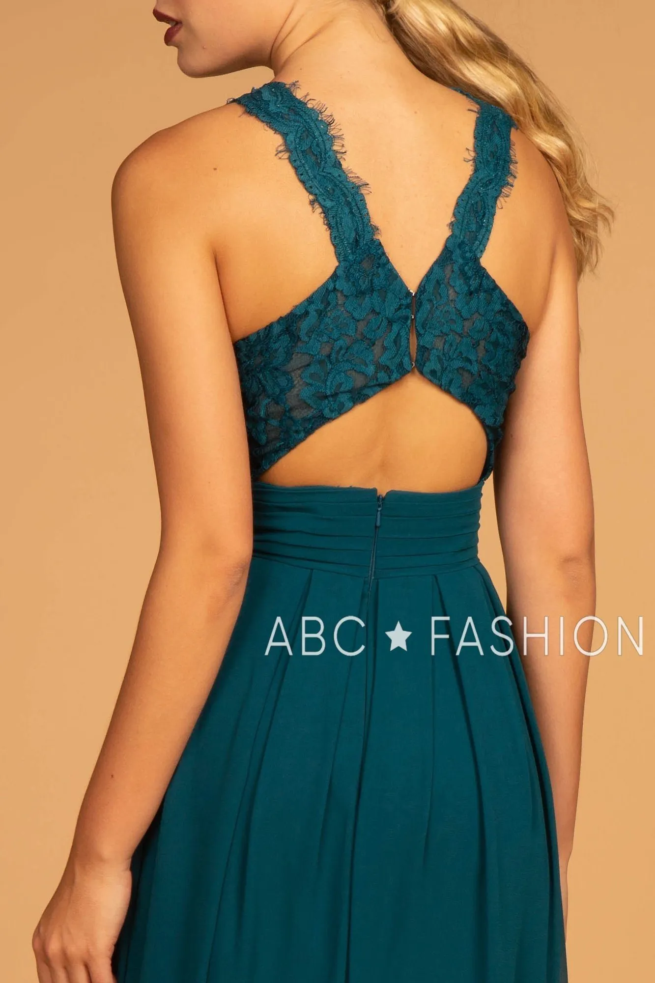 Long High-Neck Halter Dress with Lace Details by Elizabeth K GL2605