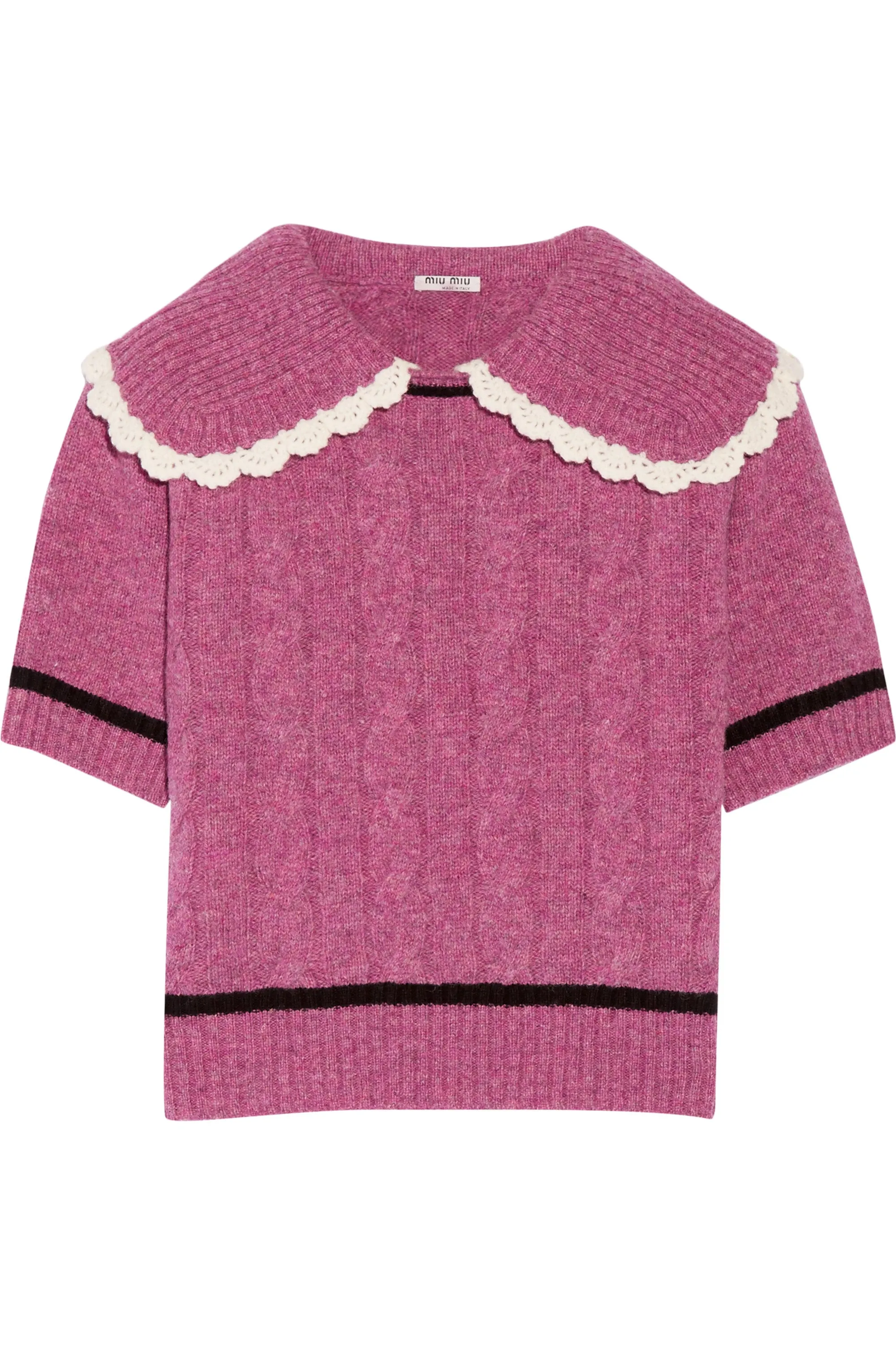 Miu Miu Crochet-Trimmed Cable Knit Wool Sweater - Runway Collection