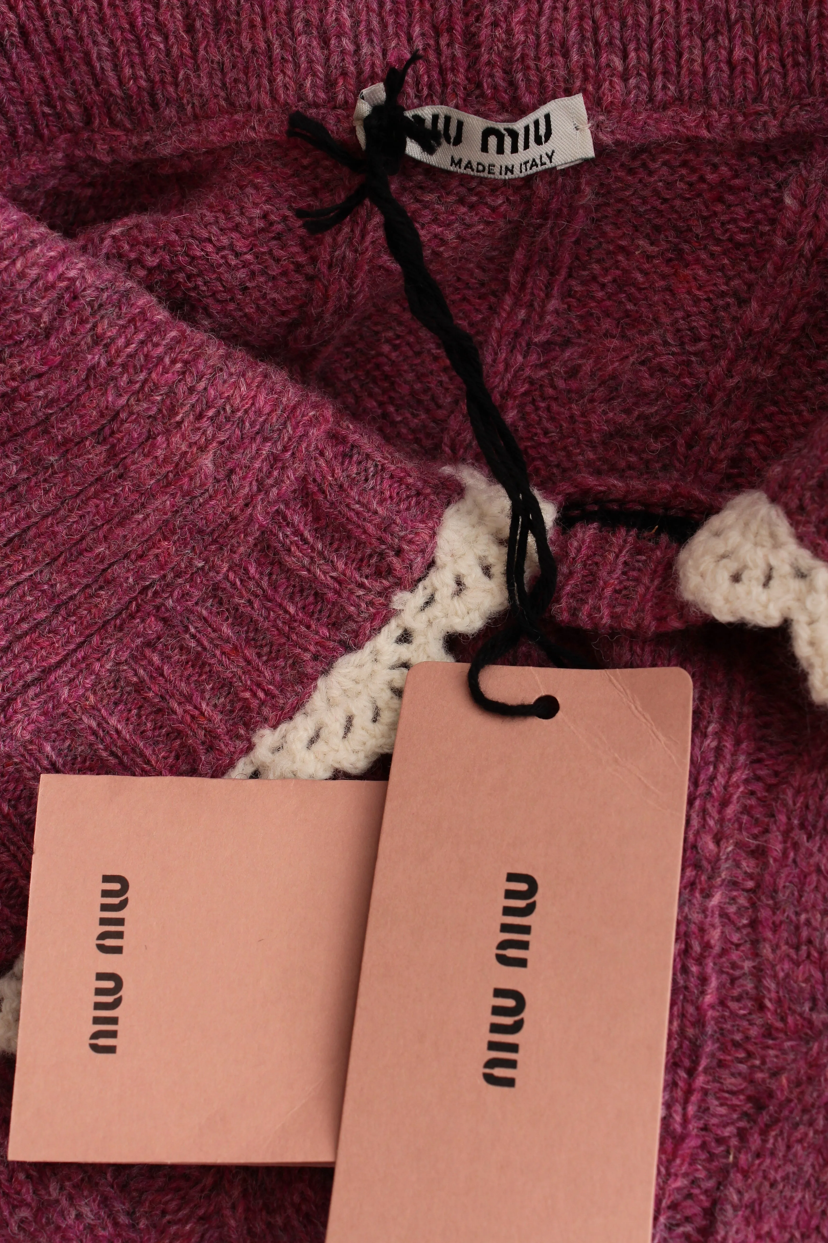 Miu Miu Crochet-Trimmed Cable Knit Wool Sweater - Runway Collection