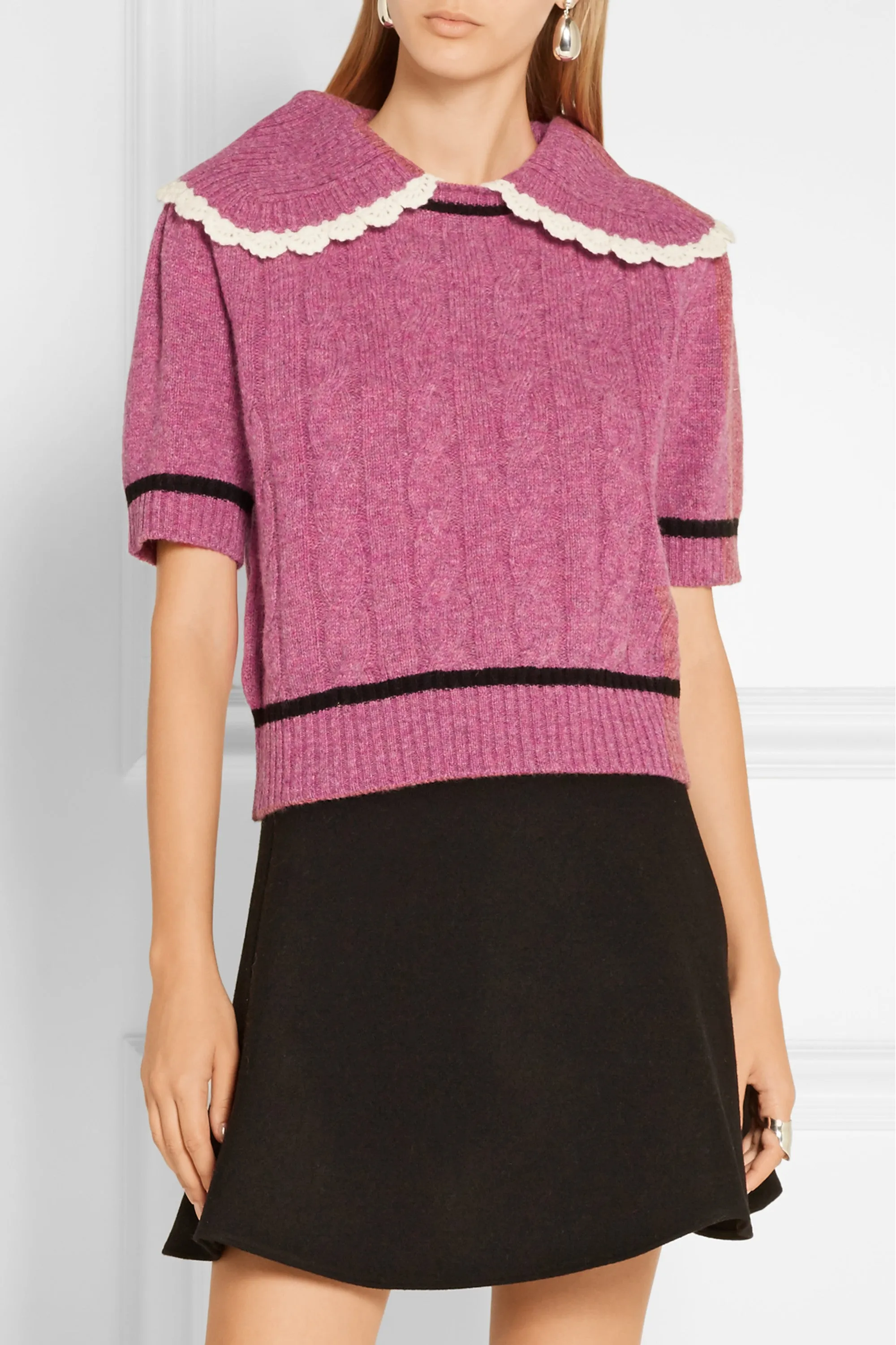 Miu Miu Crochet-Trimmed Cable Knit Wool Sweater - Runway Collection