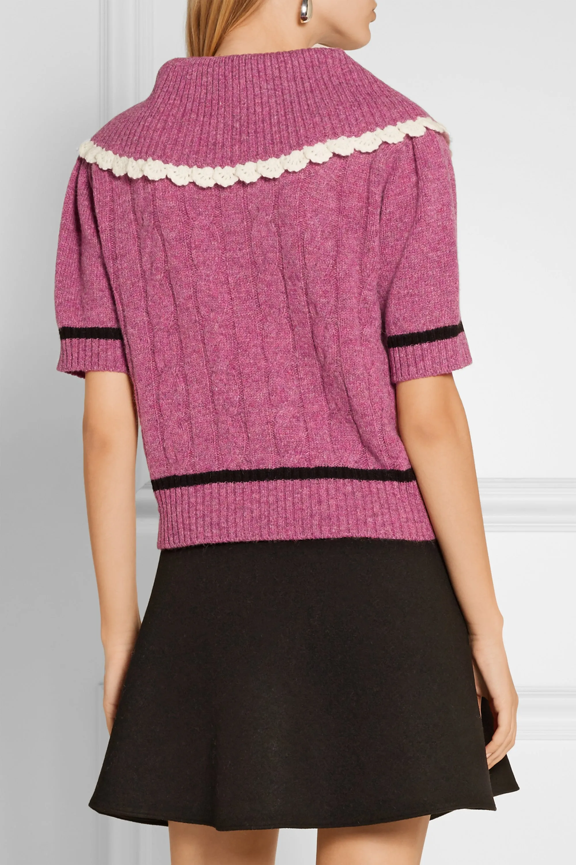 Miu Miu Crochet-Trimmed Cable Knit Wool Sweater - Runway Collection