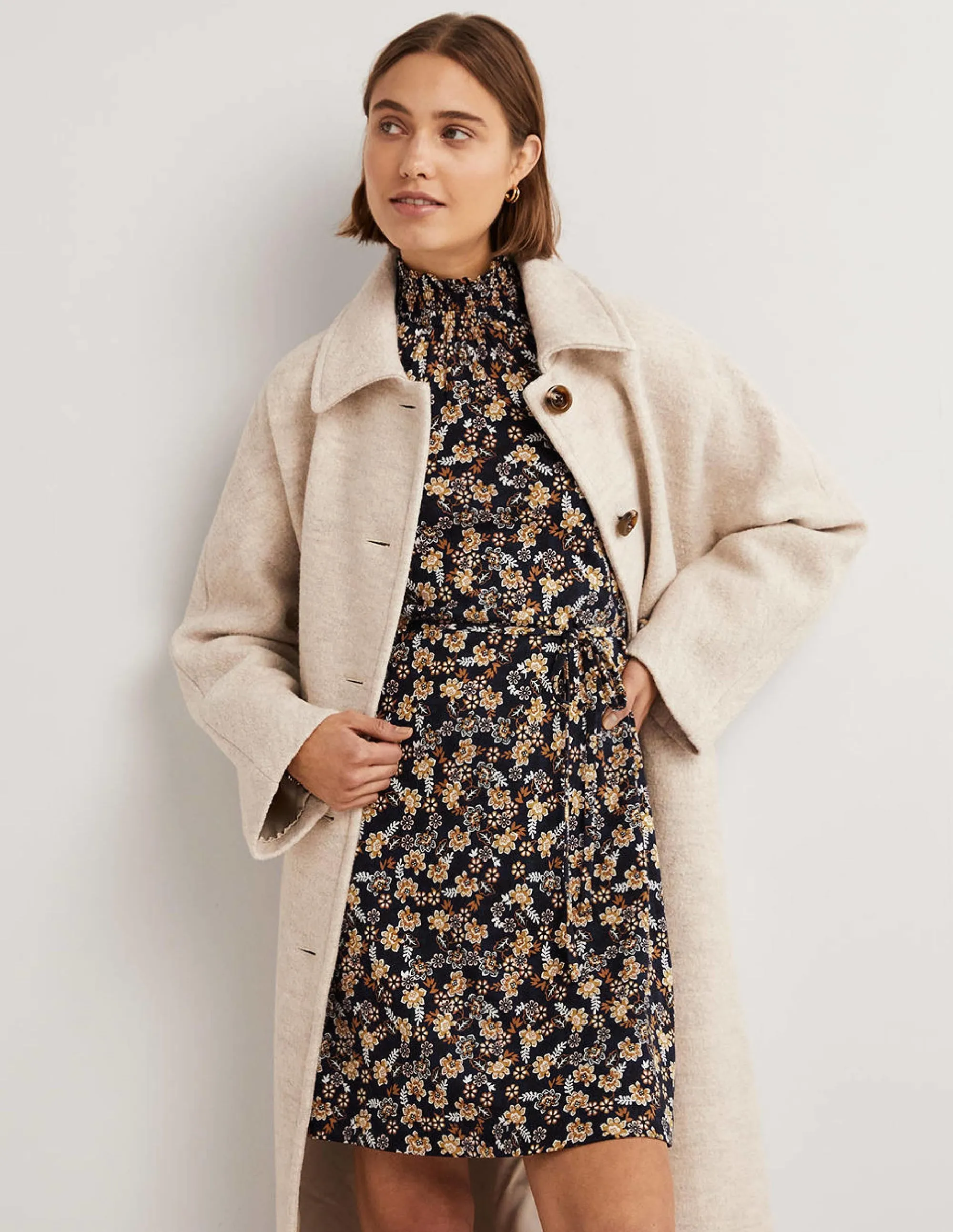 Navy Floral High-Neck Shift Dress-French Navy, Opulent Leaf