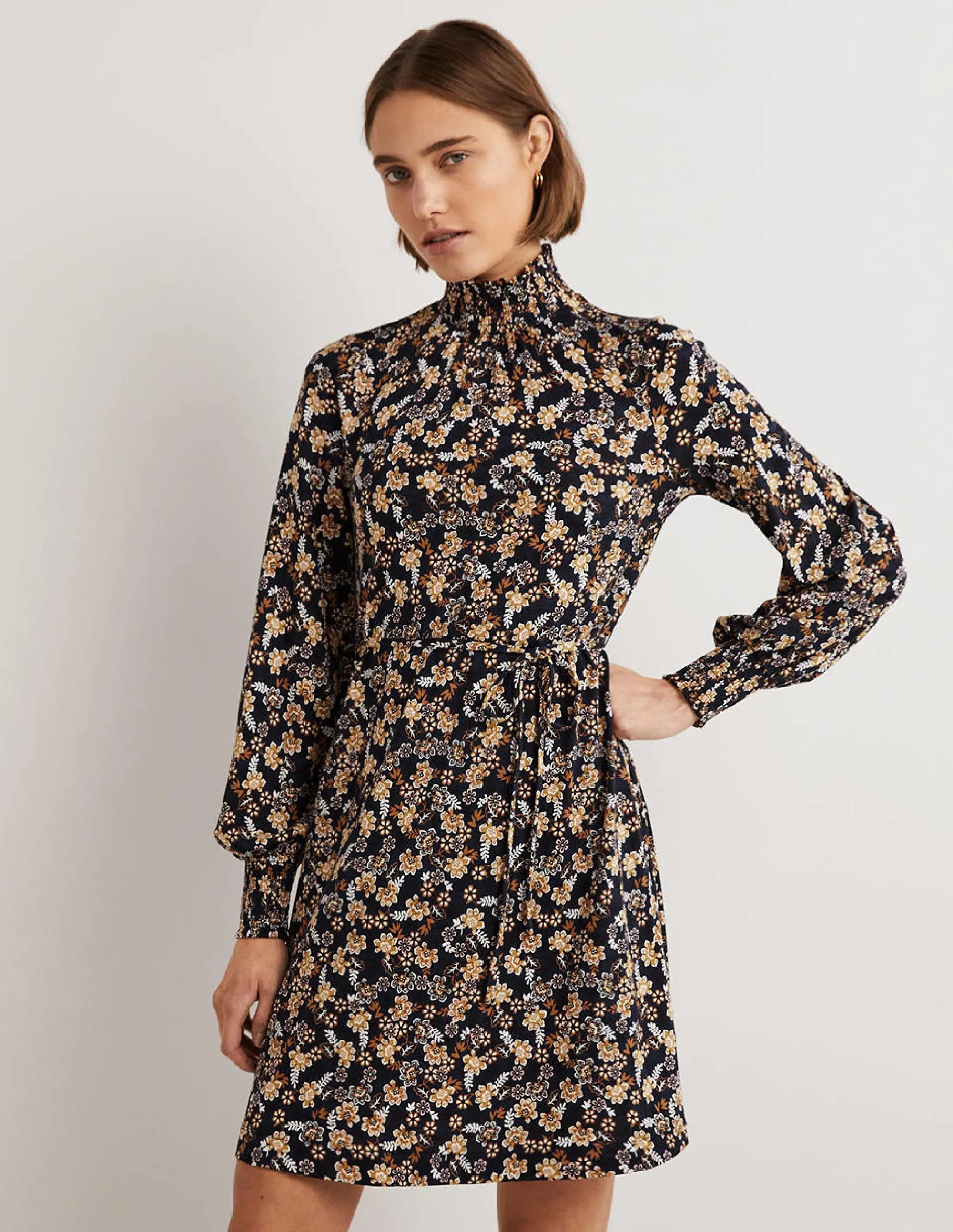 Navy Floral High-Neck Shift Dress-French Navy, Opulent Leaf