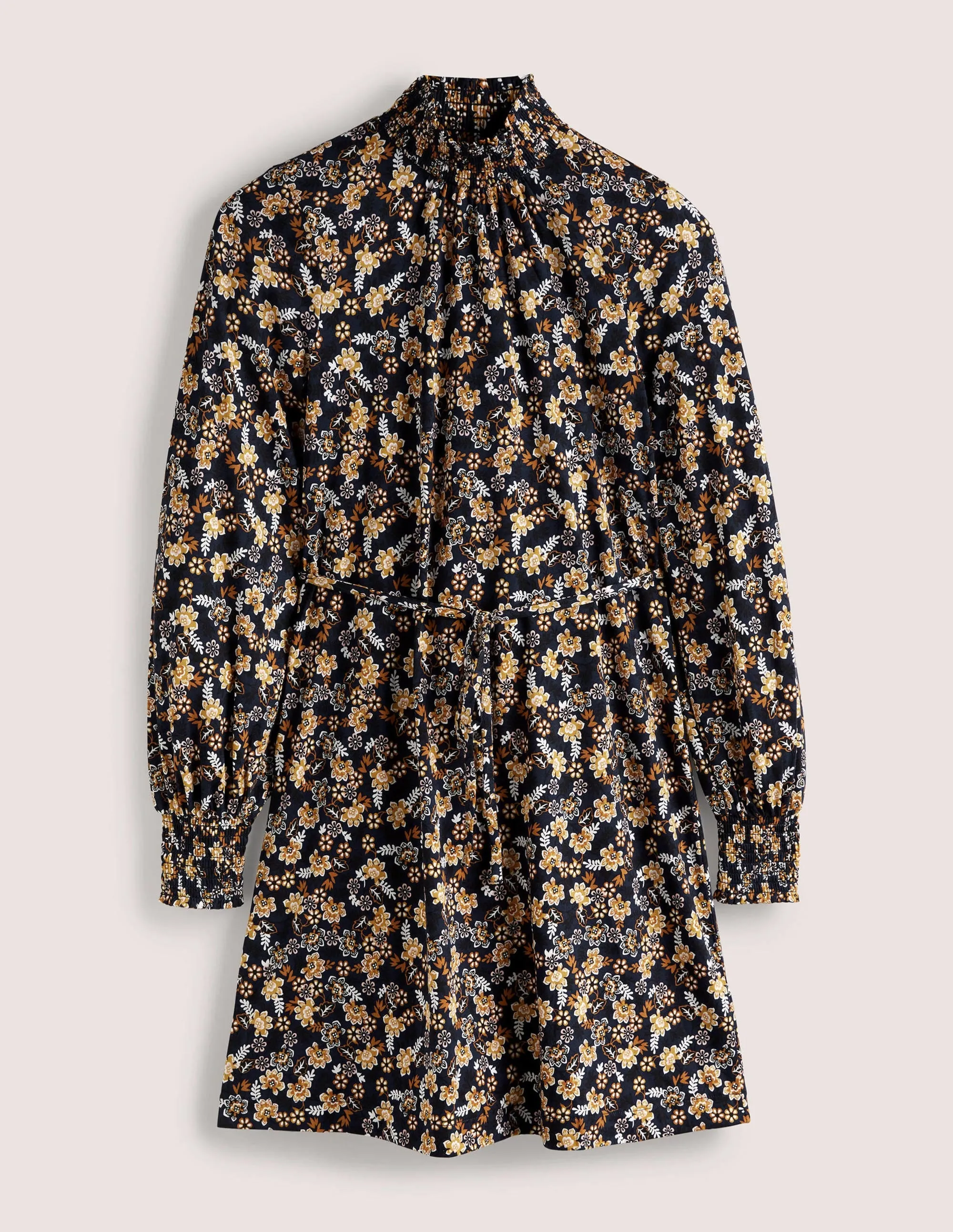 Navy Floral High-Neck Shift Dress-French Navy, Opulent Leaf