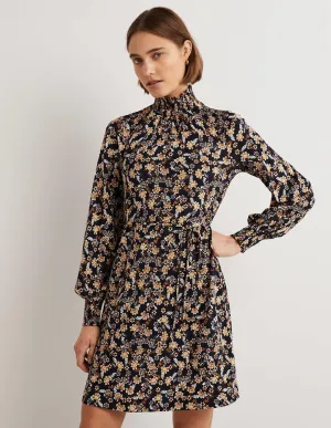 Navy Floral High-Neck Shift Dress-French Navy, Opulent Leaf