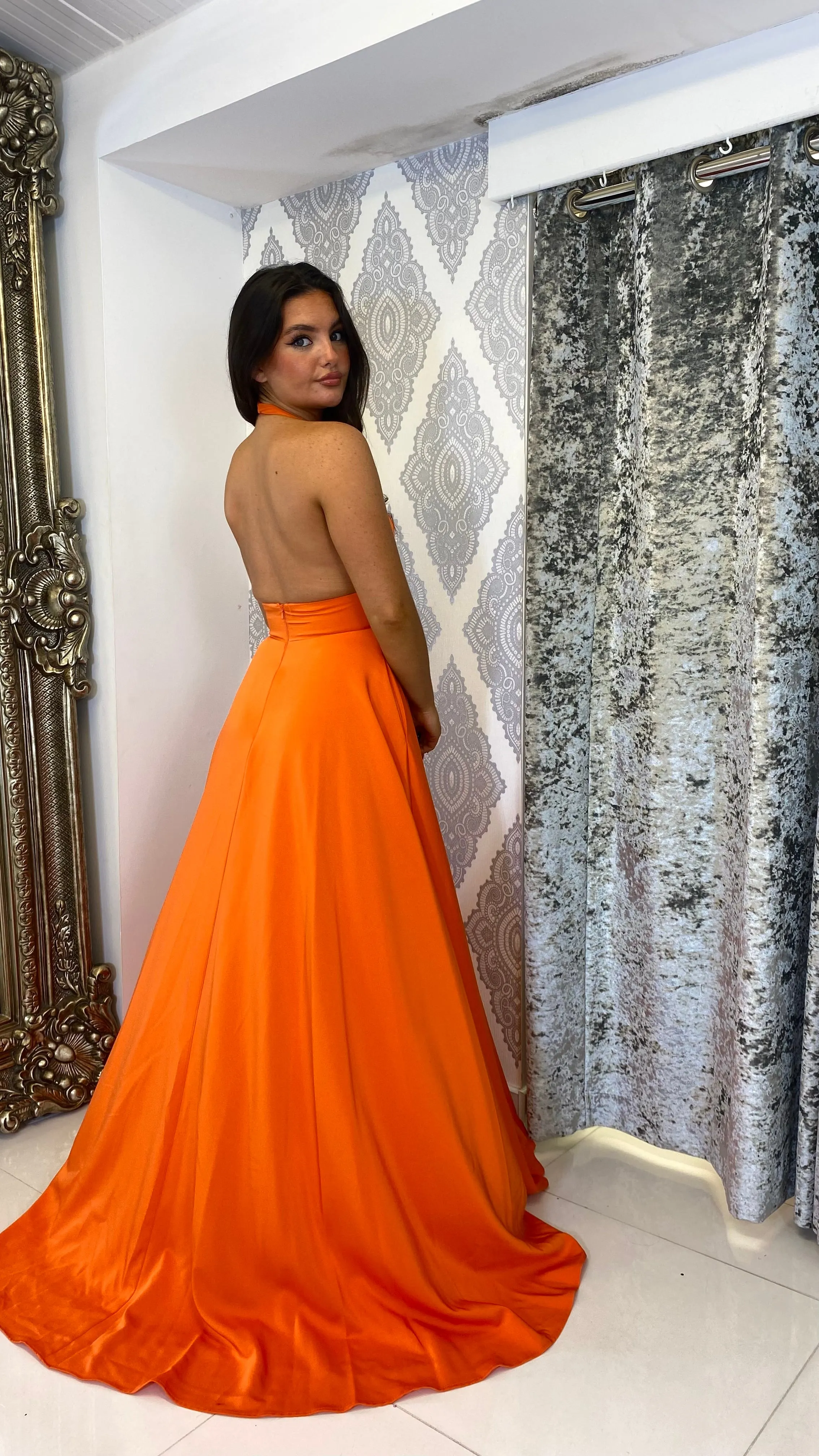 Orange Halterneck Full Length Gown