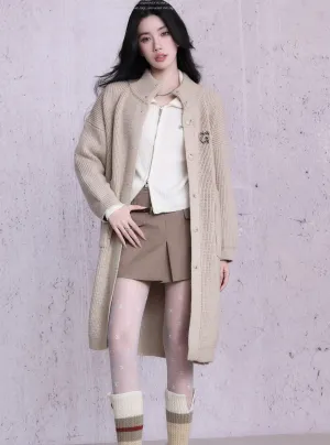 Oversized Ribbed Knit Cardigan Coat - Long Button-Down Sweater in Beige and Black