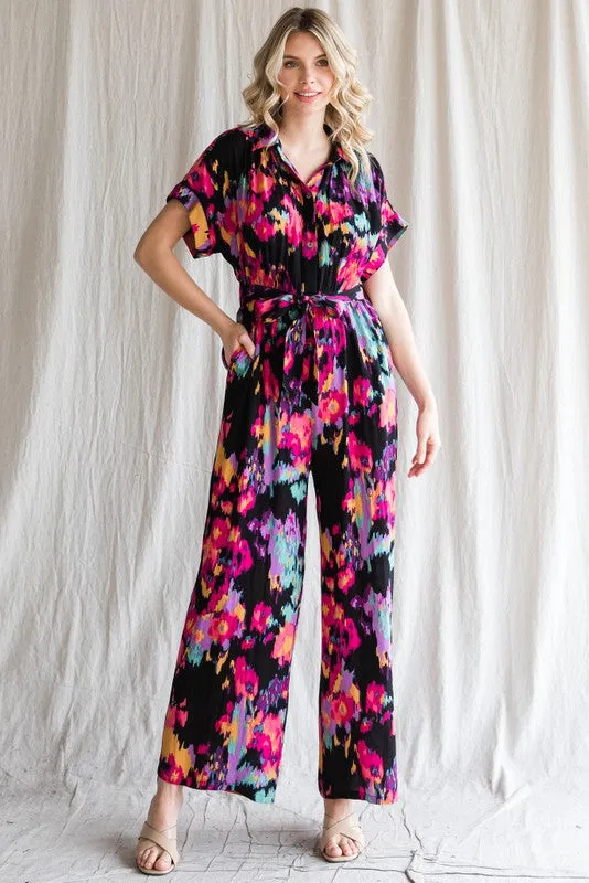 PRINT BELTED WIDE LEG JUMPSUIT