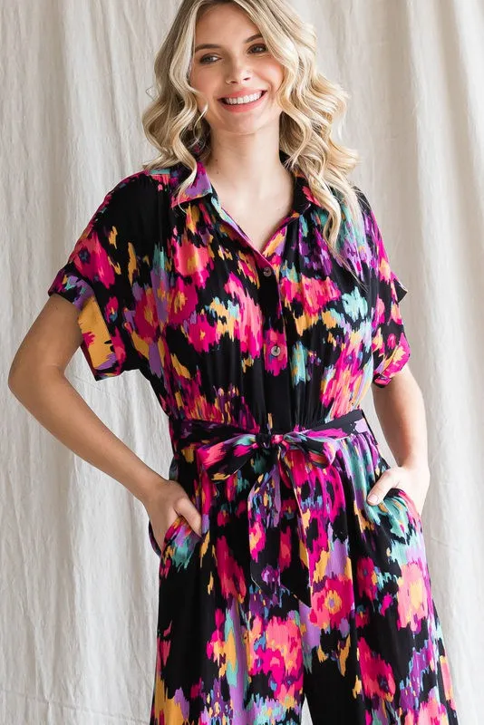 PRINT BELTED WIDE LEG JUMPSUIT
