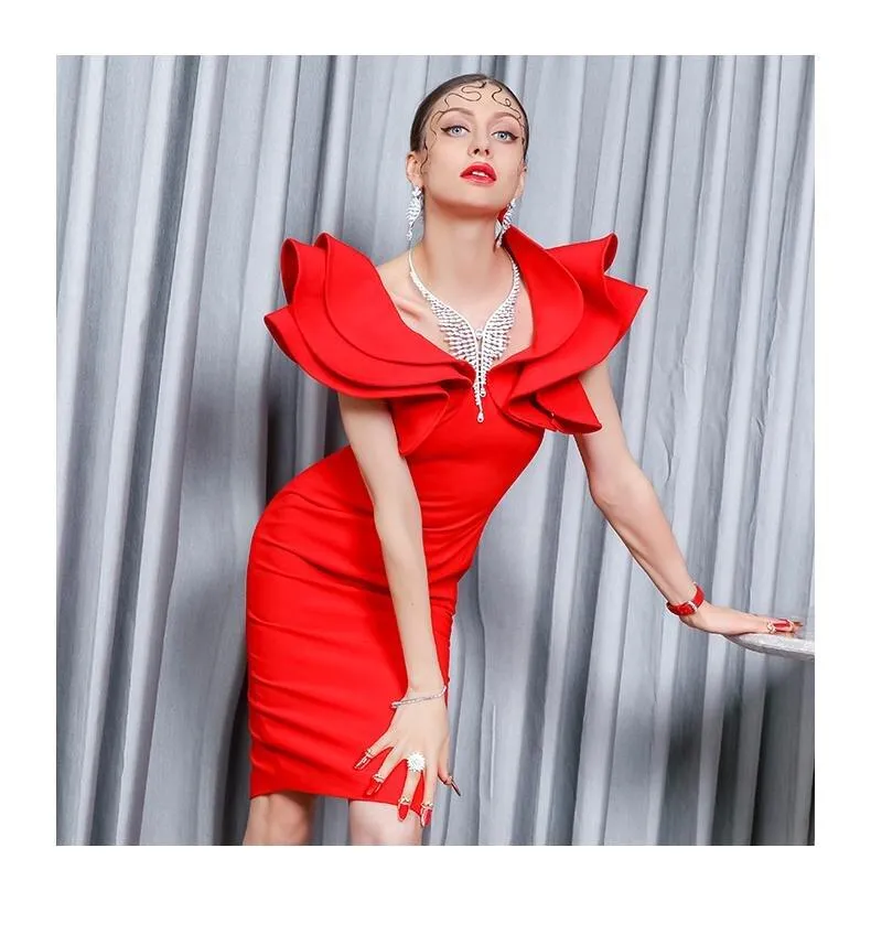 Red hot elegant one-shoulder bodycon ruffled hips slim pencil dress party cocktail dress - Hina