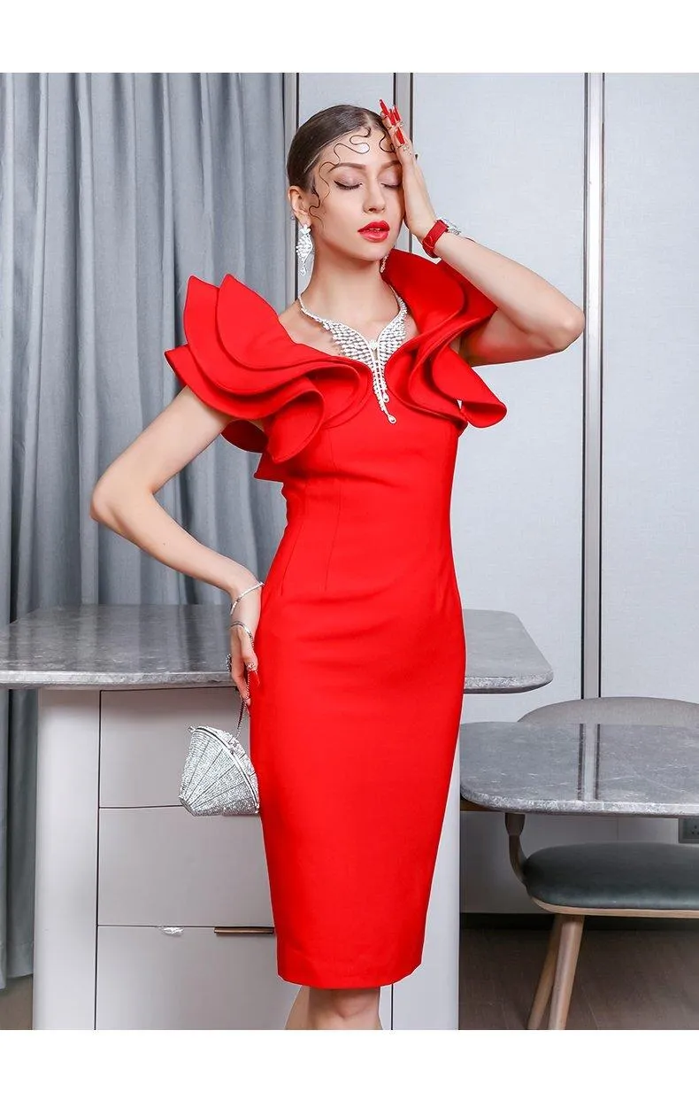 Red hot elegant one-shoulder bodycon ruffled hips slim pencil dress party cocktail dress - Hina