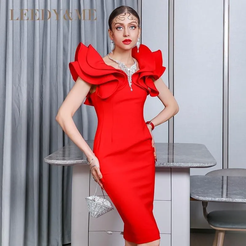 Red hot elegant one-shoulder bodycon ruffled hips slim pencil dress party cocktail dress - Hina