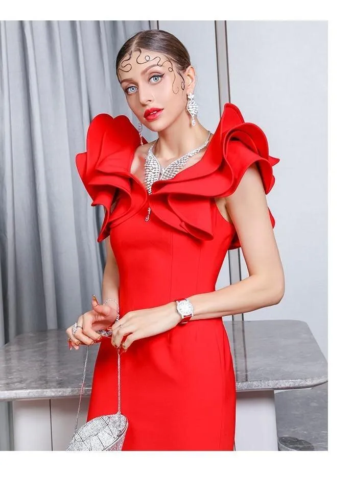 Red hot elegant one-shoulder bodycon ruffled hips slim pencil dress party cocktail dress - Hina