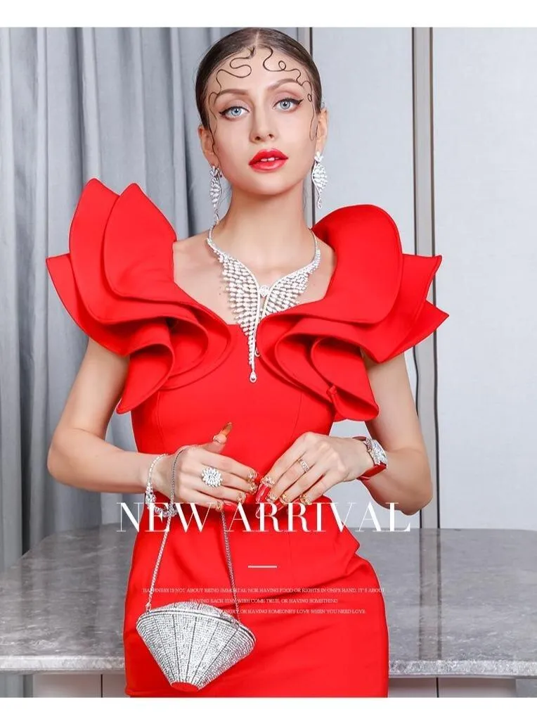 Red hot elegant one-shoulder bodycon ruffled hips slim pencil dress party cocktail dress - Hina