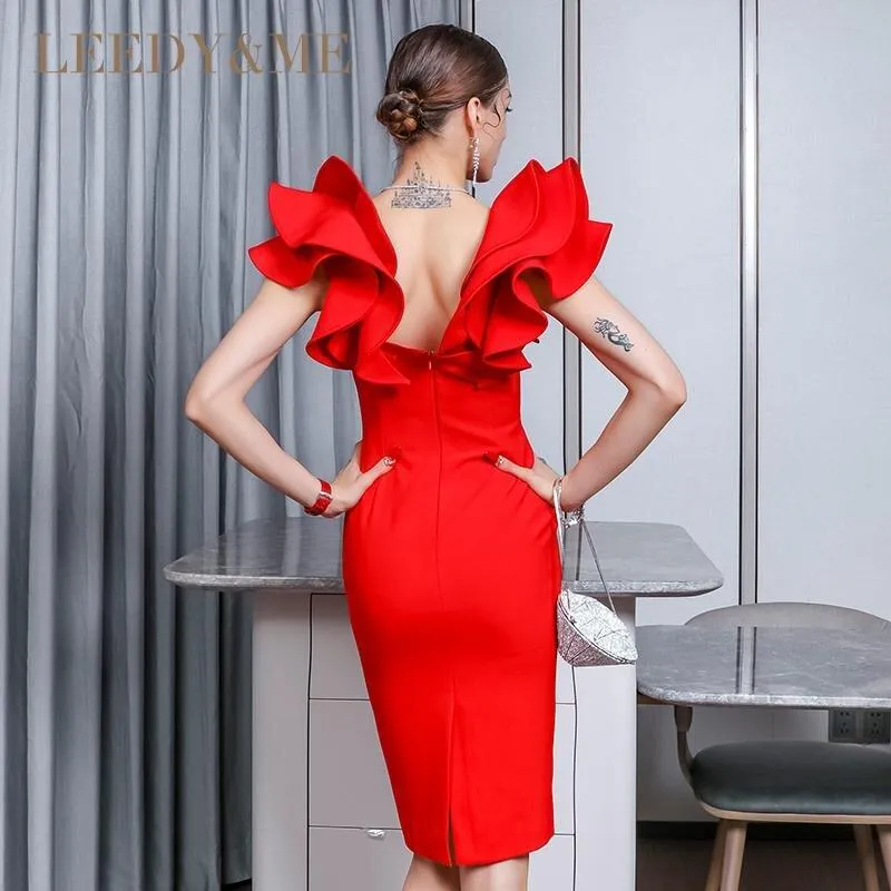 Red hot elegant one-shoulder bodycon ruffled hips slim pencil dress party cocktail dress - Hina
