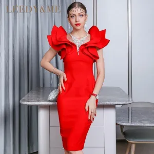 Red hot elegant one-shoulder bodycon ruffled hips slim pencil dress party cocktail dress - Hina