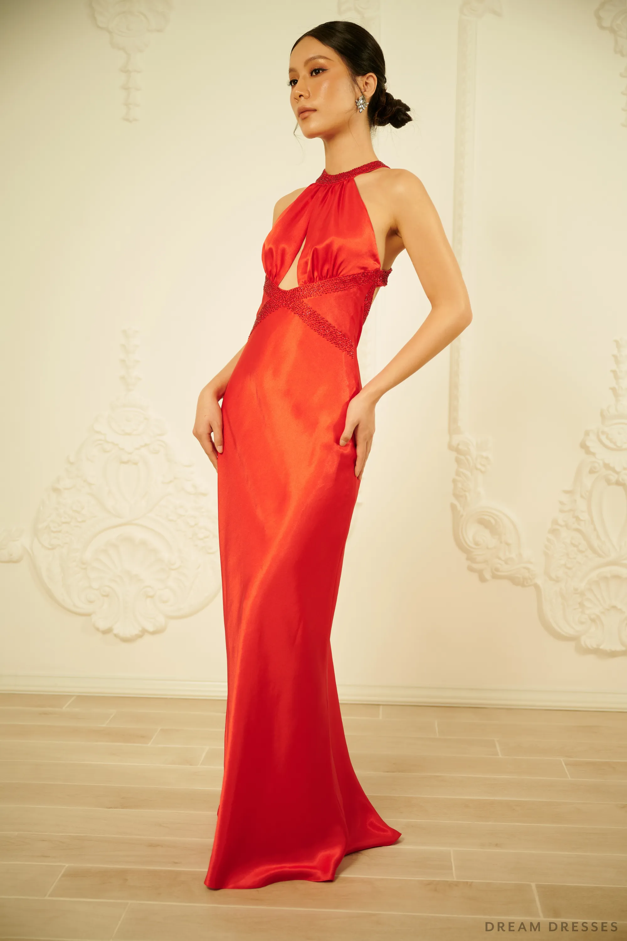 Red Silk Evening Dress with Halter Neck (#LUCIA)