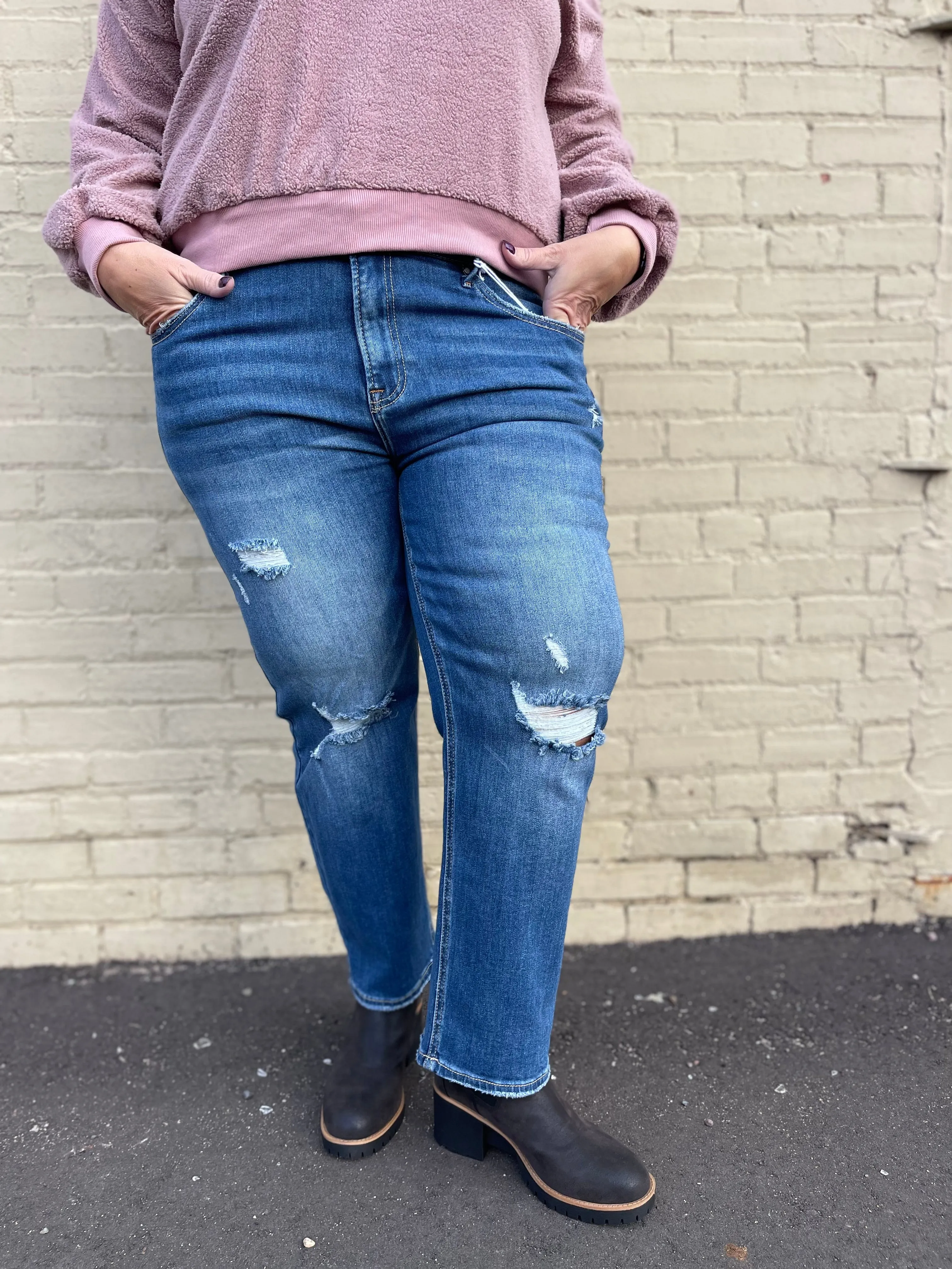 Risen Mid-Rise Distressed Boyfriend Jeans
