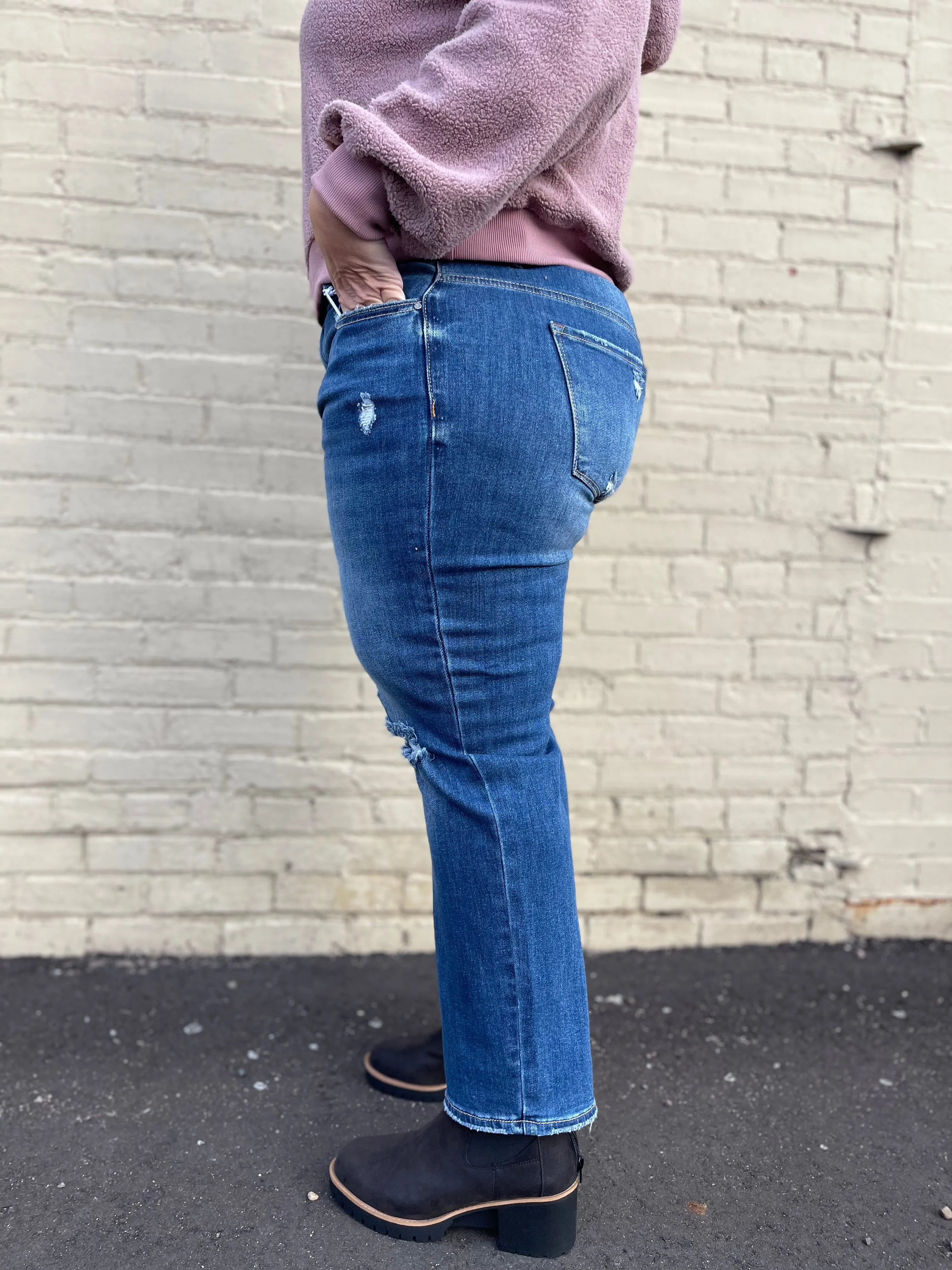 Risen Mid-Rise Distressed Boyfriend Jeans