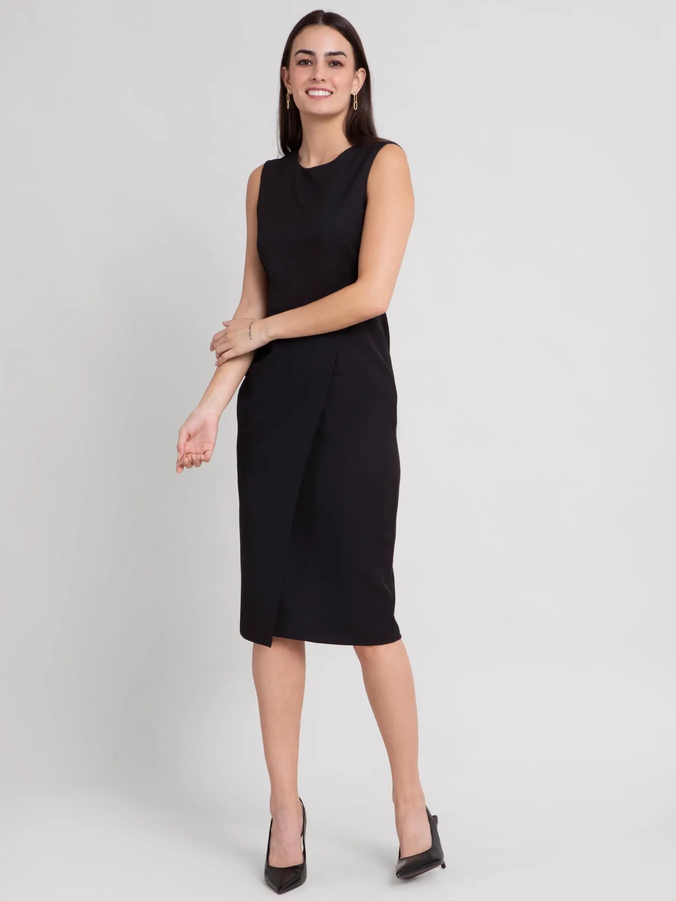 Round Neck Overlap Shift Dress - Black