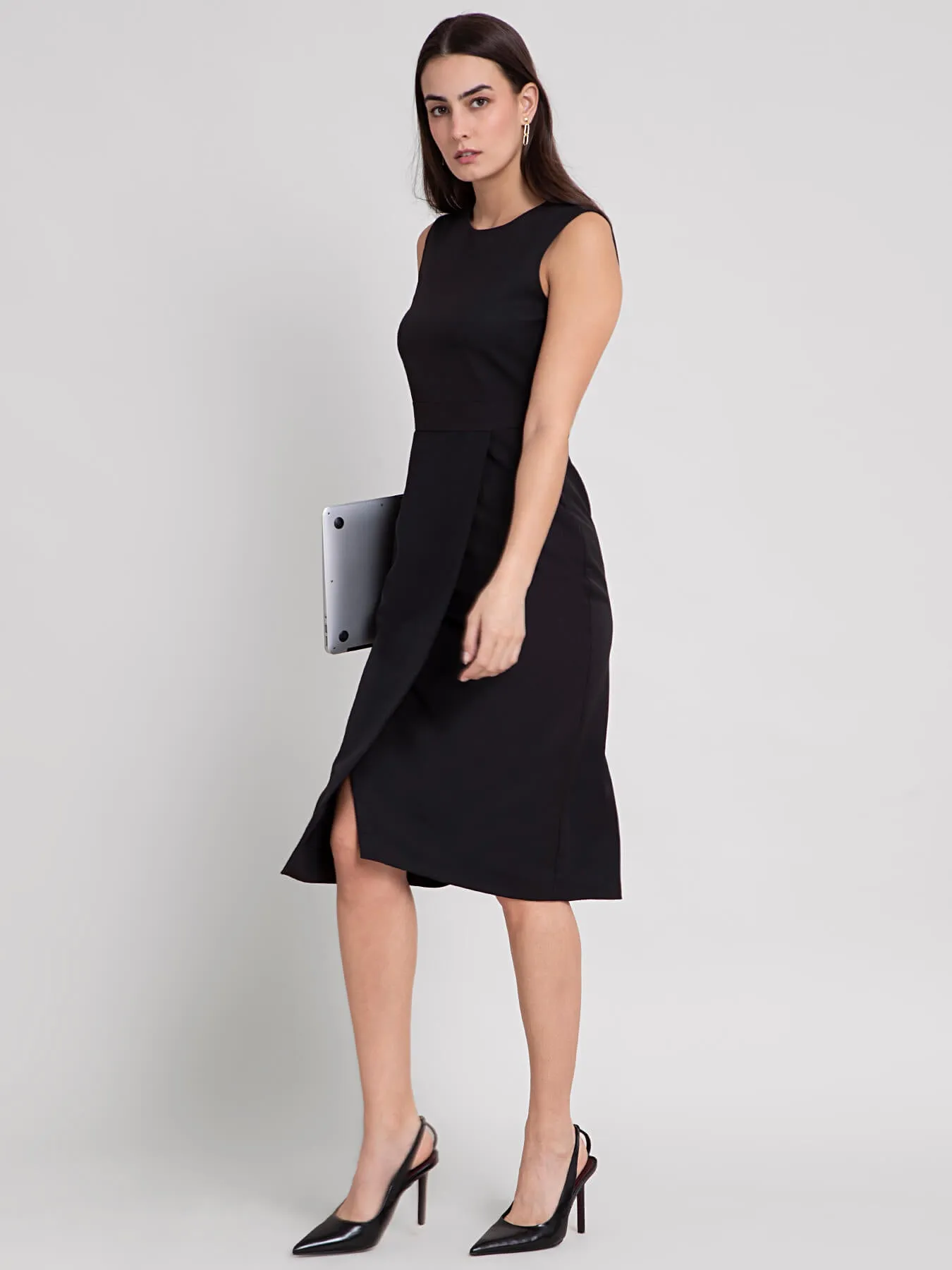 Round Neck Overlap Shift Dress - Black
