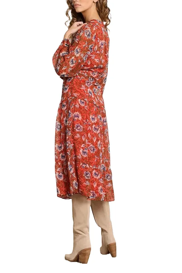 Sam Edelman V-Neck Long Sleeve Tie Side Floral Print A-Line Chiffon Dress