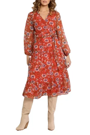 Sam Edelman V-Neck Long Sleeve Tie Side Floral Print A-Line Chiffon Dress