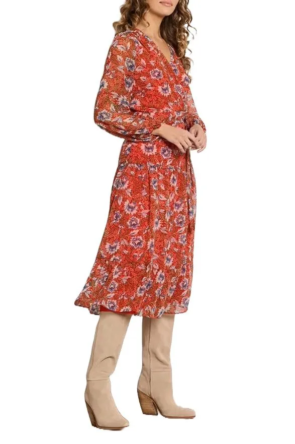 Sam Edelman V-Neck Long Sleeve Tie Side Floral Print A-Line Chiffon Dress