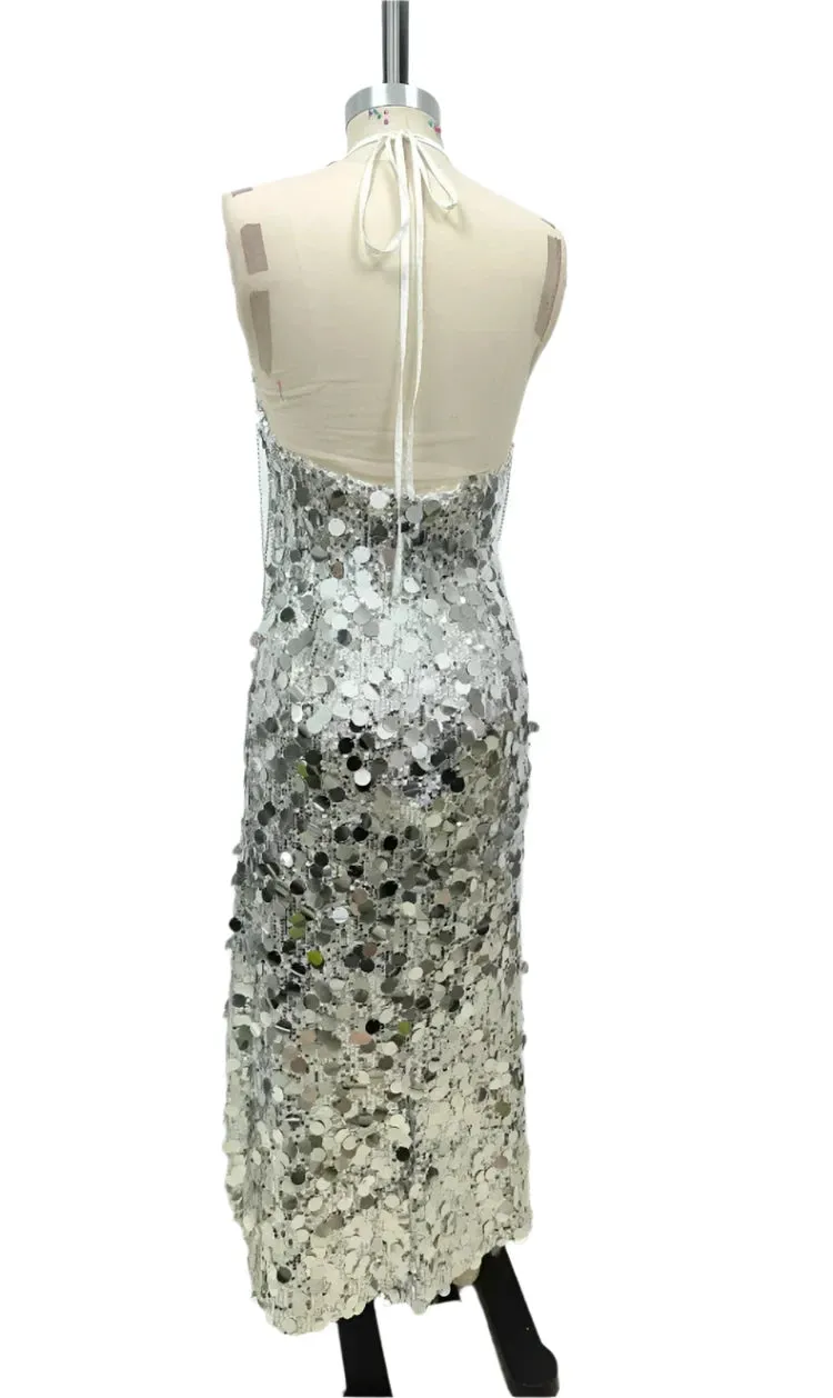 Trend4us Women's Sparkling Silver Sequin Halter Maxi Dress