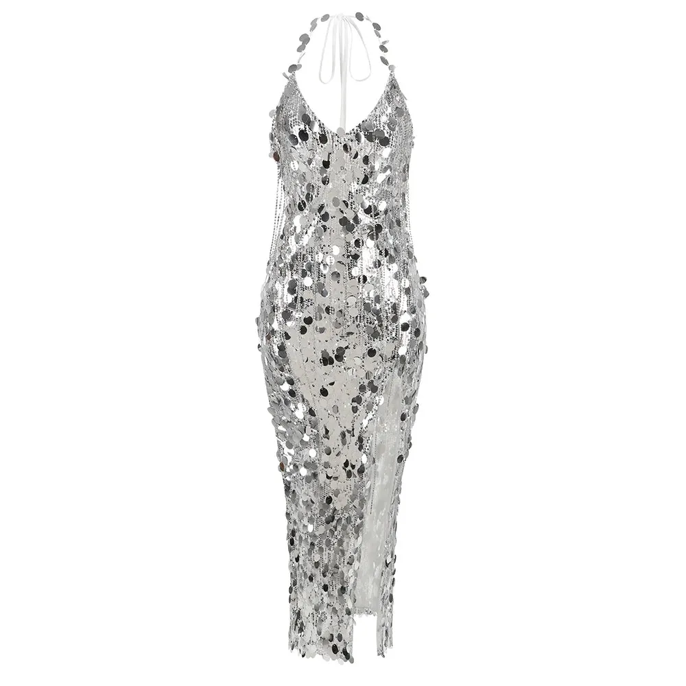 Trend4us Women's Sparkling Silver Sequin Halter Maxi Dress