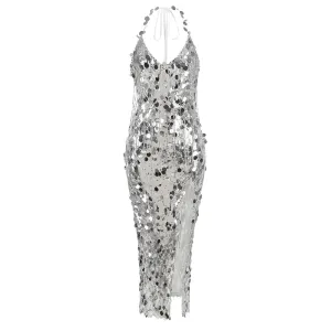 Trend4us Women's Sparkling Silver Sequin Halter Maxi Dress