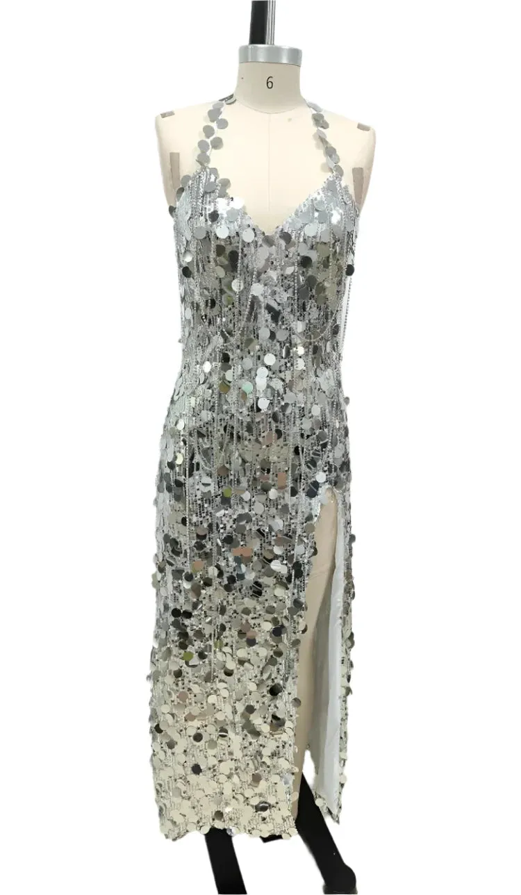 Trend4us Women's Sparkling Silver Sequin Halter Maxi Dress