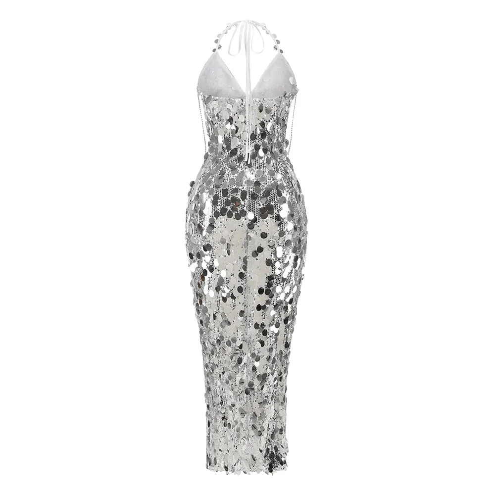 Trend4us Women's Sparkling Silver Sequin Halter Maxi Dress