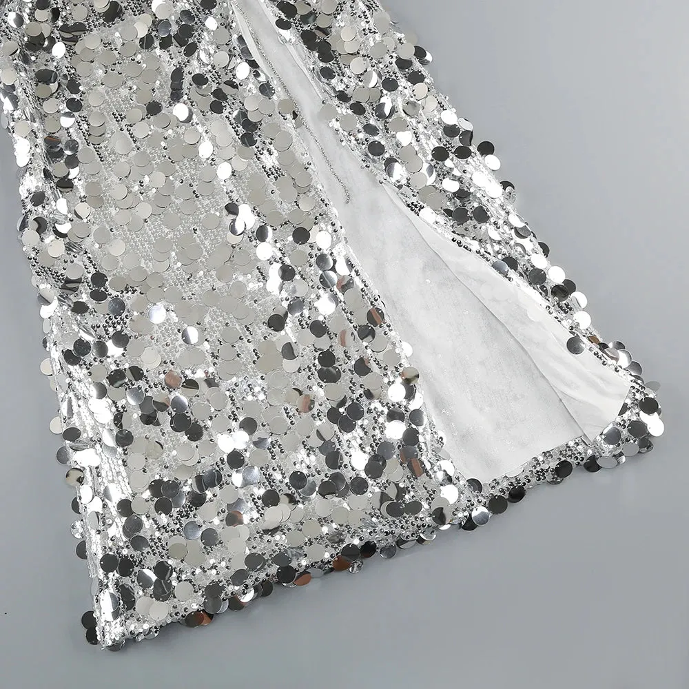 Trend4us Women's Sparkling Silver Sequin Halter Maxi Dress