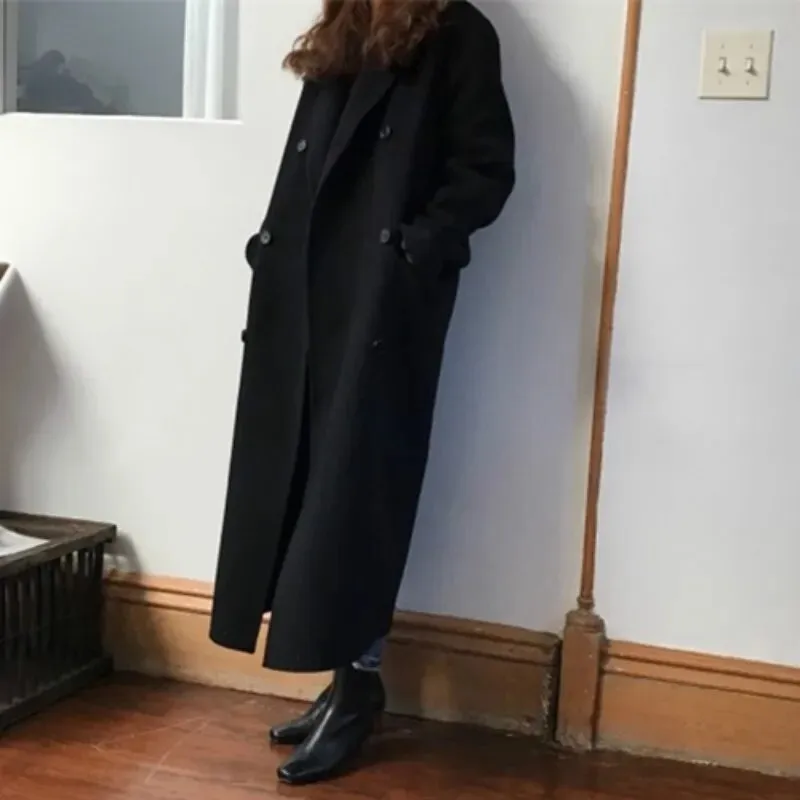 Vintage Long Wool Coat with Double Breasted Closure