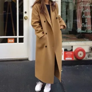 Vintage Long Wool Coat with Double Breasted Closure