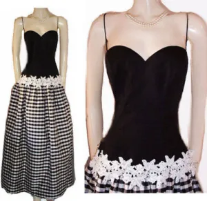 *VINTAGE ROBERT-DAVID MORTON SAKS FIFTH BLACK & WHITE SWEETHEART NECKLINE RAW SILK PLAID RHINESTONE & PEARL APPLIQUE EVENING GOWN