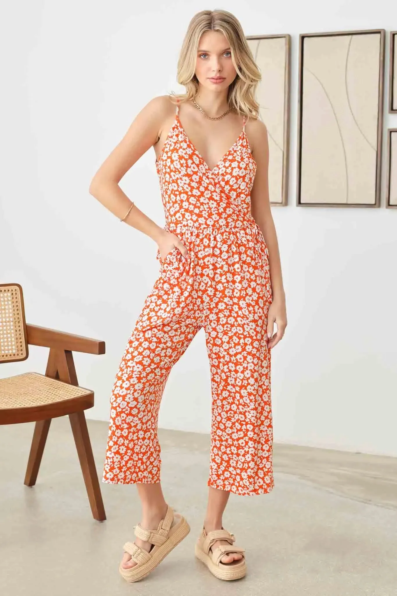 Warp Floral Print Wide Capri Leg Side Tie Jumpsuit