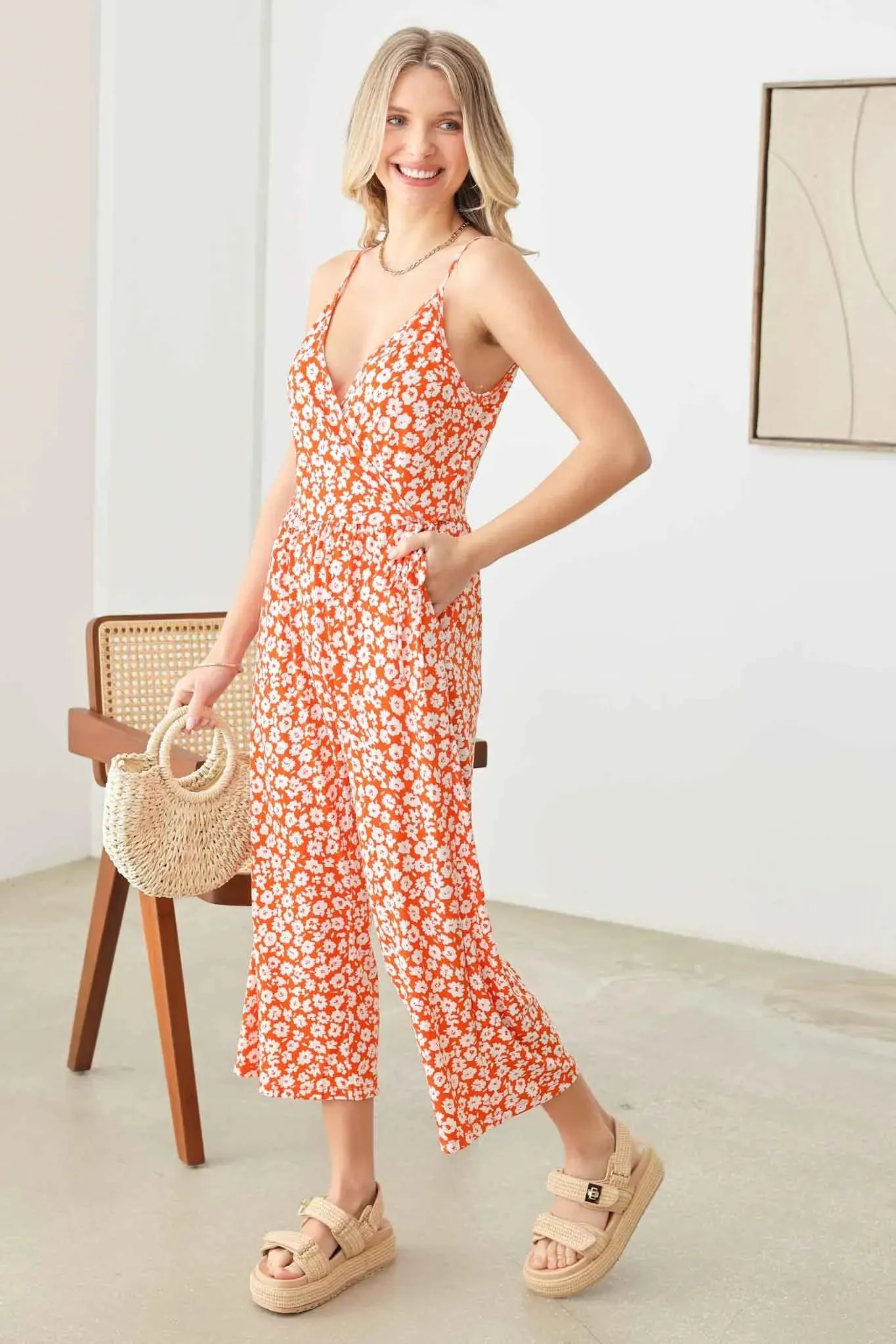 Warp Floral Print Wide Capri Leg Side Tie Jumpsuit