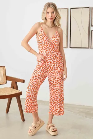 Warp Floral Print Wide Capri Leg Side Tie Jumpsuit