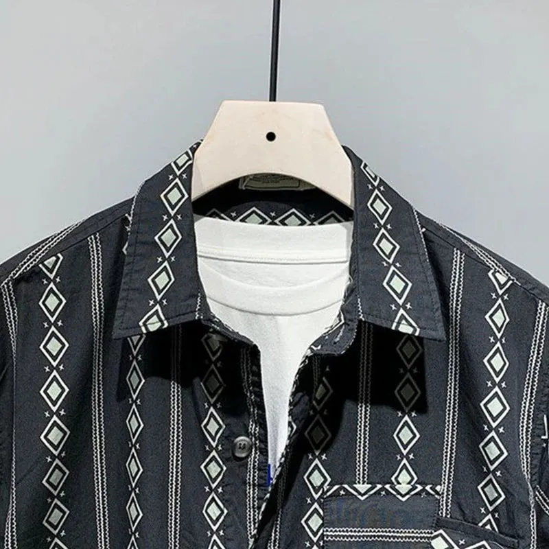 WIAOFELLAS  -  Full Print Workwear Jumpsuit Men's Summer Short Sleeved Lapel Tracksuit Loose Casual Clothing Design Outerwear Romper