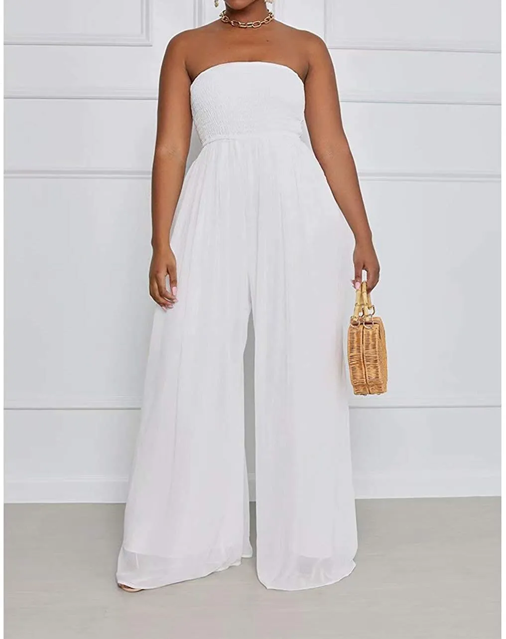 Wild Free White Off Shoulder Dress tube Loose Romper with Pockets Jumpsuit